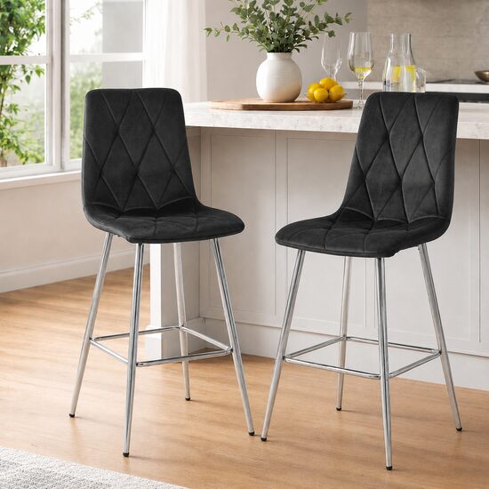 Set 2 scaune de bucatarie/bar, Artool, Libra, catifea neagra, picioare metal argintiu, 52x56x112 cm