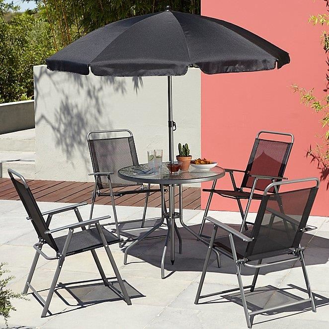Set mobilier gradina/terasa, gri, 1 masa, 4 scaune, 1 umbrela, Leticia Grey