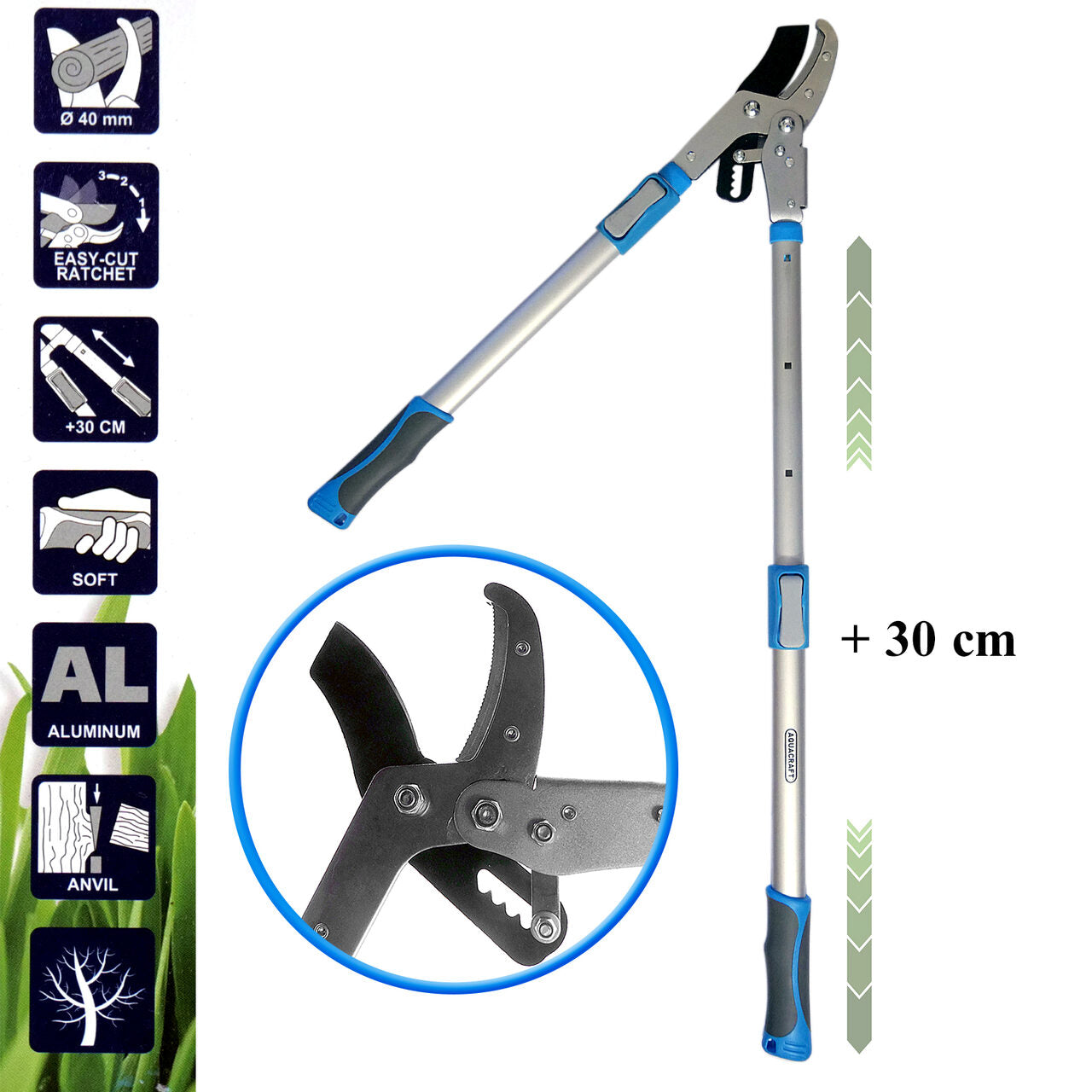 Foarfeca crengi, tip nicovala, cu clichet, maner aluminiu telescopic, 73.3 cm, Aquacraft