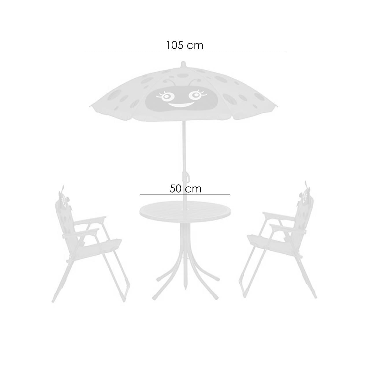 Set mobilier gradina/terasa pentru copii, pliabil, rosu, model buburuza, 1 masa cu umbrela, 2 scaune, Melisenda