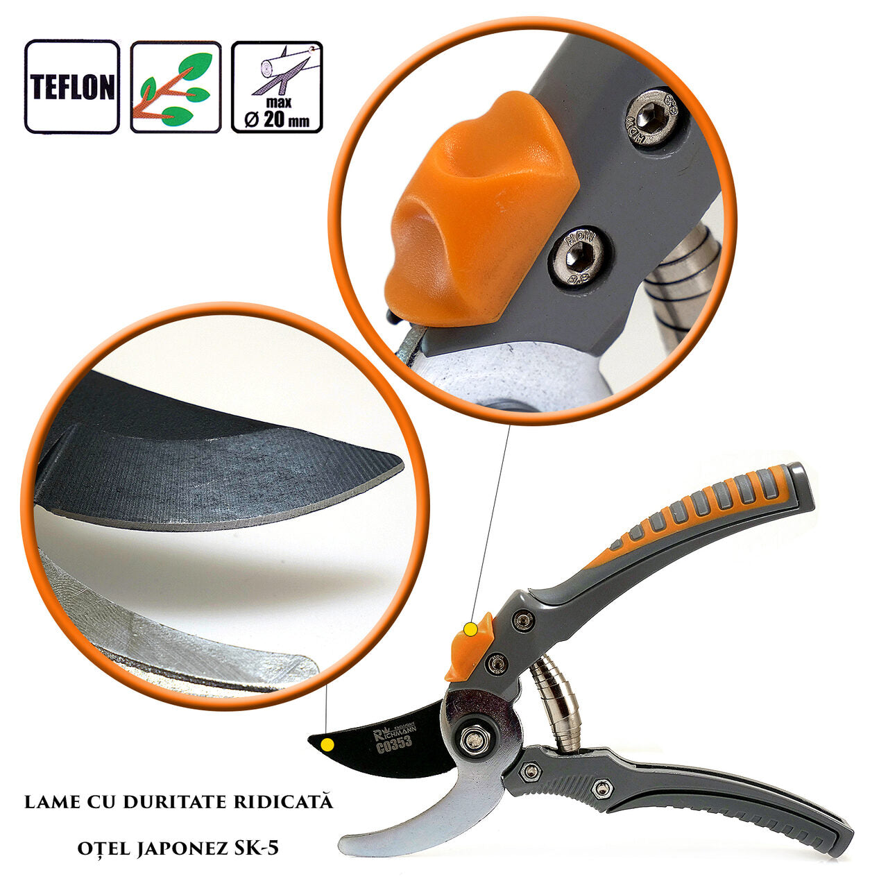 Foarfeca gradina, tip bypass, profesionala, teflon, otel japonez SK5, 20 cm, Richmann Exclusive