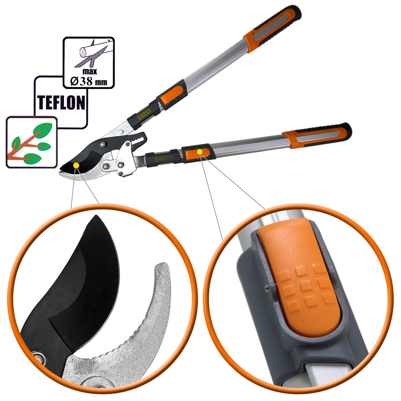 Foarfeca crengi, tip bypass, teflon, otel japonez SK5, maner telescopic 70-88 cm, Richmann Exclusive
