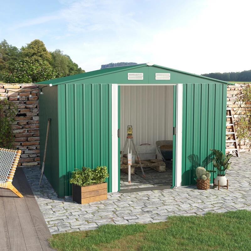Casuta/magazie/sopron de gradina pentru depozitare unelte, cu structura baza inclusa, otel si PP, verde, 258x206x178 cm