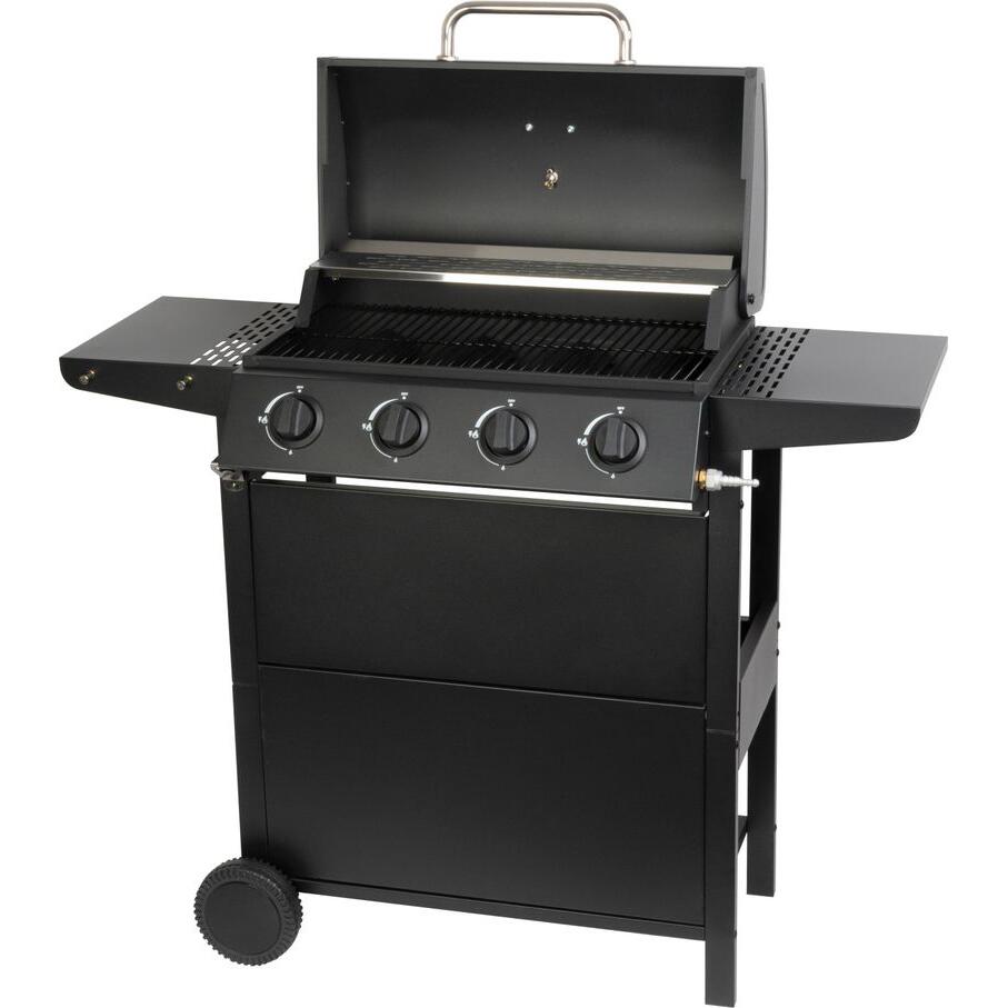 Gratar gradina, grill dreptunghiular, cu gaz, 4 arzatoare, cu roti, capac, rafturi, 116x50x100 cm, BBQ Malaga