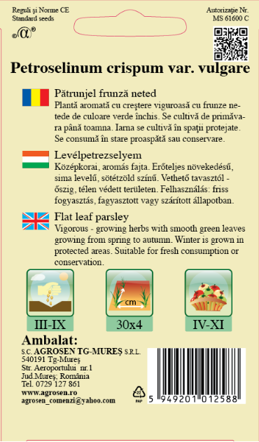 Pătrunjel Frunză Neted Comun (Italian) - Plain Leaved - Cultura Primavara si Toamna