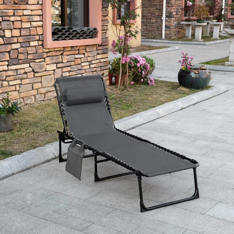Sezlong pentru gradina, metalic, reglabil, cu tetiera, buzunar lateral, gri, 185x58x30 cm, Chan