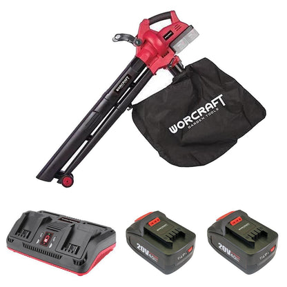 Aspirator/suflanta frunze, cu 2 acumulatori 4 Ah, incarcator 2x20V Li-ion, sac colector, Worcraft
