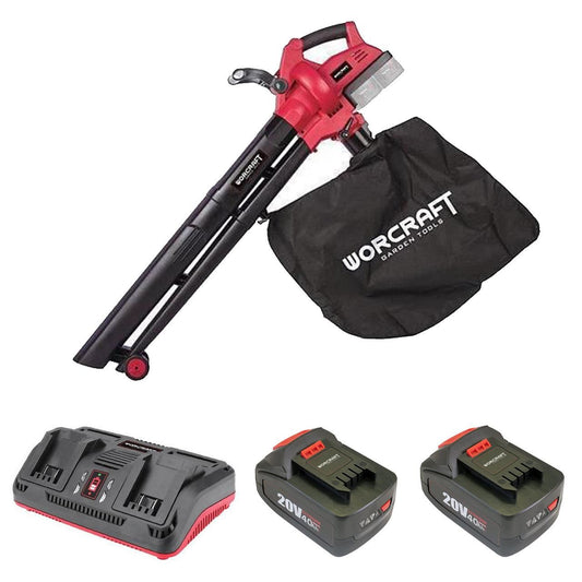 Aspirator/suflanta frunze, cu 2 acumulatori 4 Ah, incarcator 2x20V Li-ion, sac colector, Worcraft
