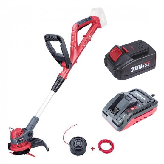 Motocoasa, trimmer, pentru tuns iarba, electric, cu acumulator 4 Ah, incarcator 20V Li-ion, maner telescopic, 24 cm, Worcraft