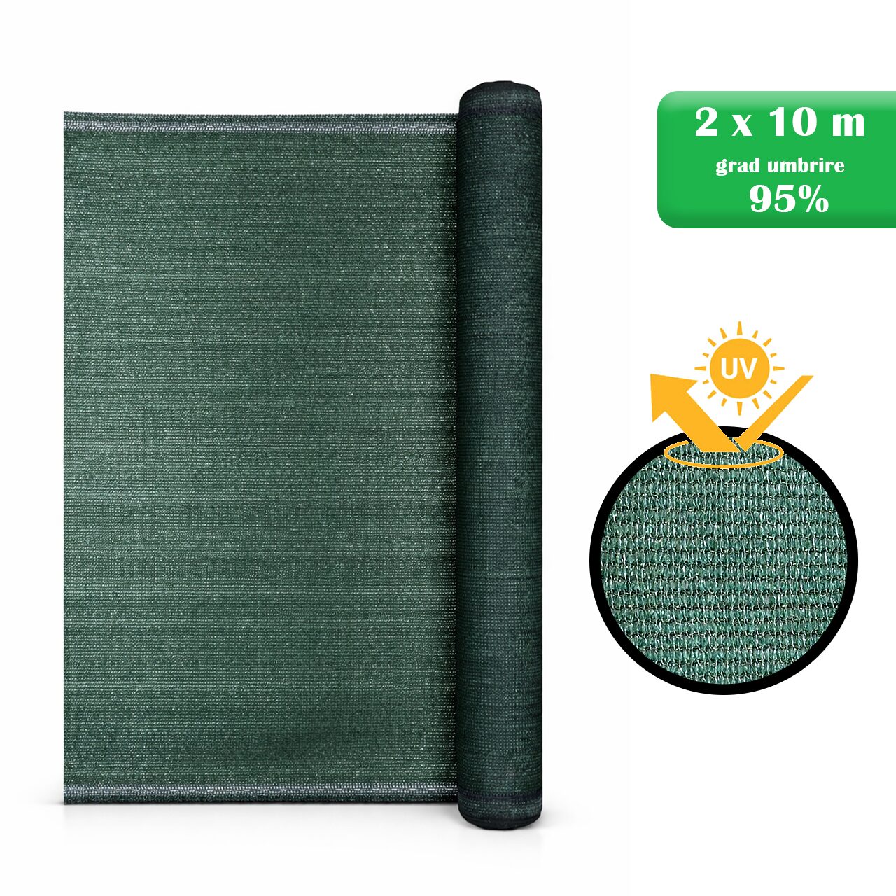 Plasa de umbrire, HDPE, 230 g/mp, grad de umbrire 95%, verde, 2x10 m