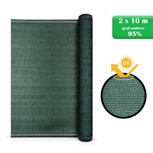 Plasa de umbrire, HDPE, 230 g/mp, grad de umbrire 95%, verde, 2x10 m