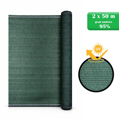 Plasa de umbrire, HDPE, 230 g/mp, grad de umbrire 95%, verde, 2x50 m