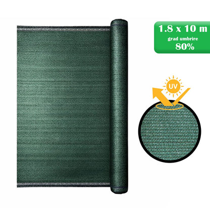 Plasa de umbrire, HDPE, 80 g/mp, grad de umbrire 80%, verde, 1.8x10 m