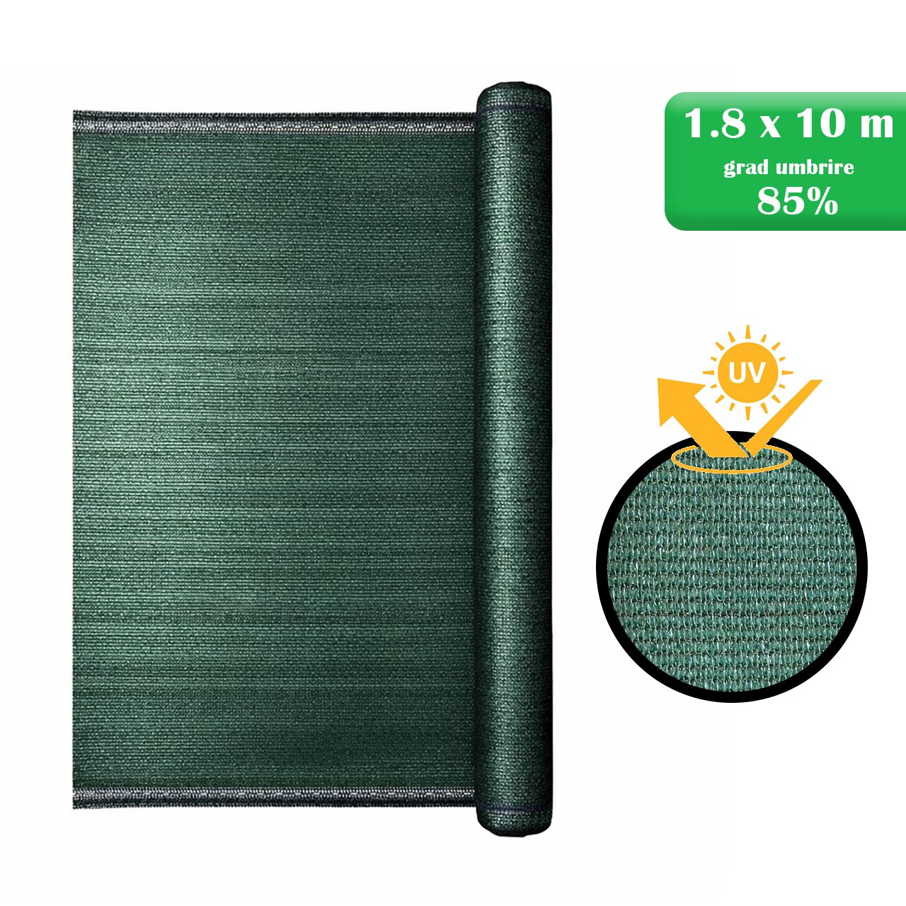 Plasa de umbrire, HDPE, 140 g/mp, grad de umbrire 85%, verde, 1.8x10 m