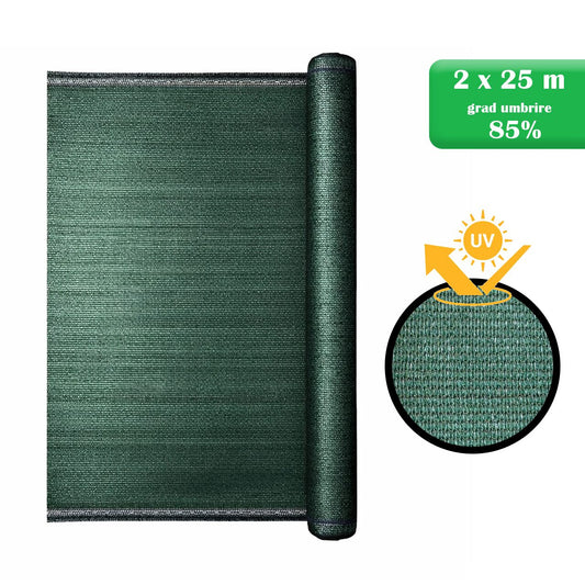 Plasa de umbrire, HDPE, 140 g/mp, grad de umbrire 85%, verde, 2x25 m
