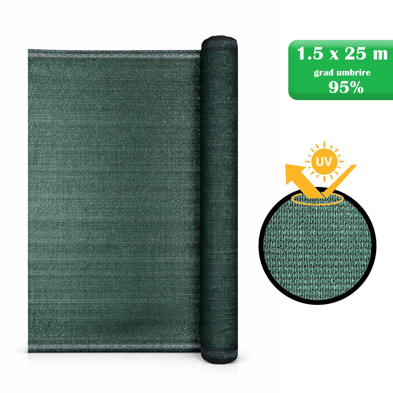 Plasa de umbrire, HDPE, 230 g/mp, grad de umbrire 95%, verde, 1.5x25 m