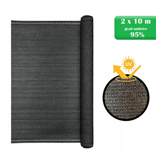 Plasa de umbrire, HDPE, 230 g/mp, grad de umbrire 95%, antracit, 2x10 m