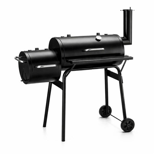 Gratar gradina, grill dreptunghiular, cu roti, capac, afumatoare si horn, 112x63x117 cm
