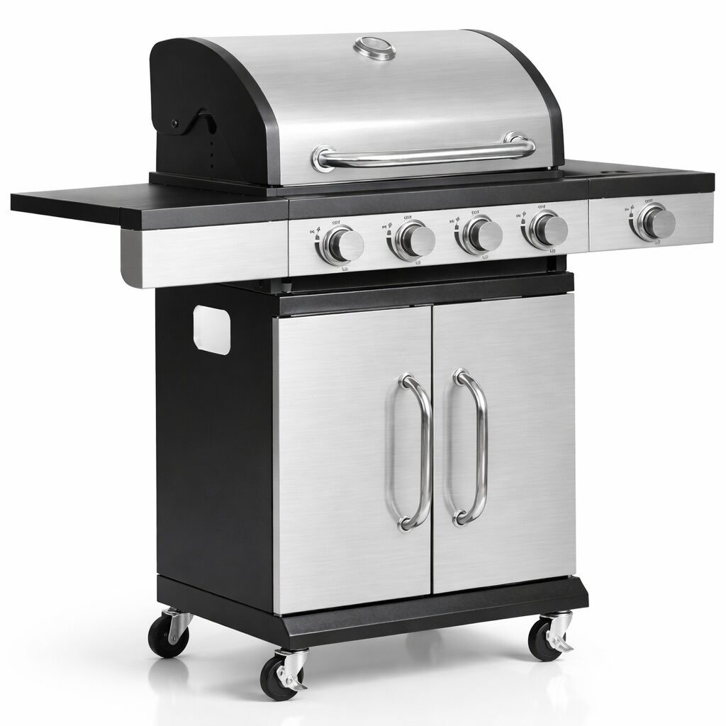 Gratar gradina, grill dreptunghiular, cu gaz, 4+1 arzatoare, cu roti, capac, 120x48x110 cm, BBQ Forbes