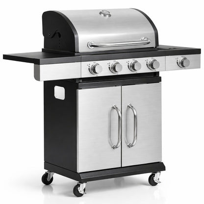 Gratar gradina, grill dreptunghiular, cu gaz, 4+1 arzatoare, cu roti, capac, 120x48x110 cm, BBQ Forbes
