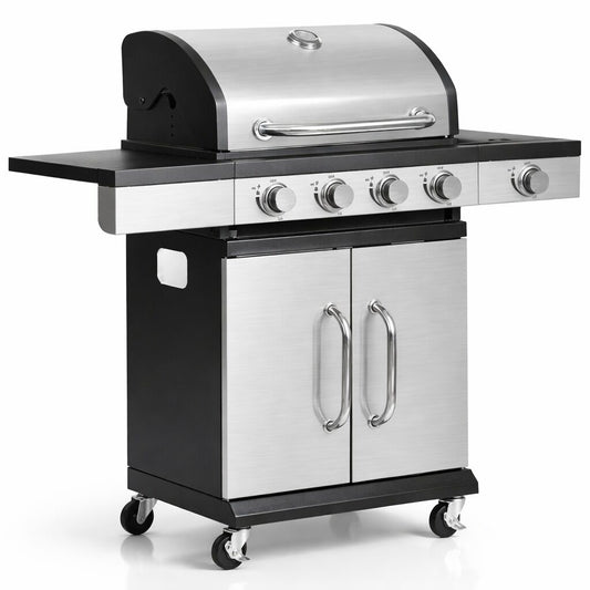 Gratar gradina, grill dreptunghiular, cu gaz, 4+1 arzatoare, cu roti, capac, 120x48x110 cm, BBQ Forbes
