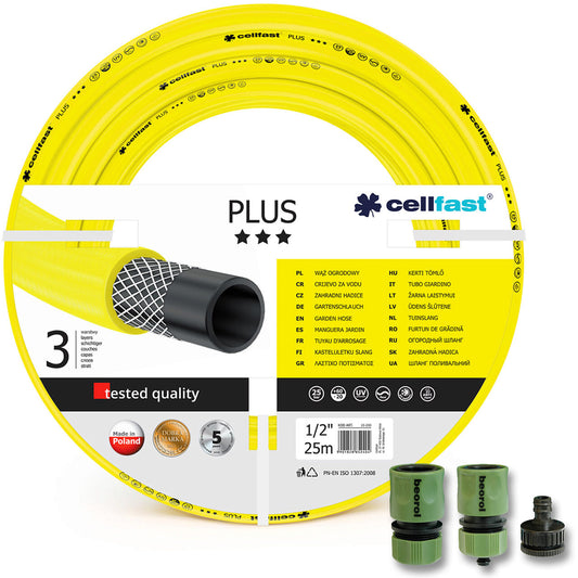 Furtun de gradina, 3 straturi, + cadou 2 cuple, 1 adaptor, 1/2", 25 m, Cellfast Plus