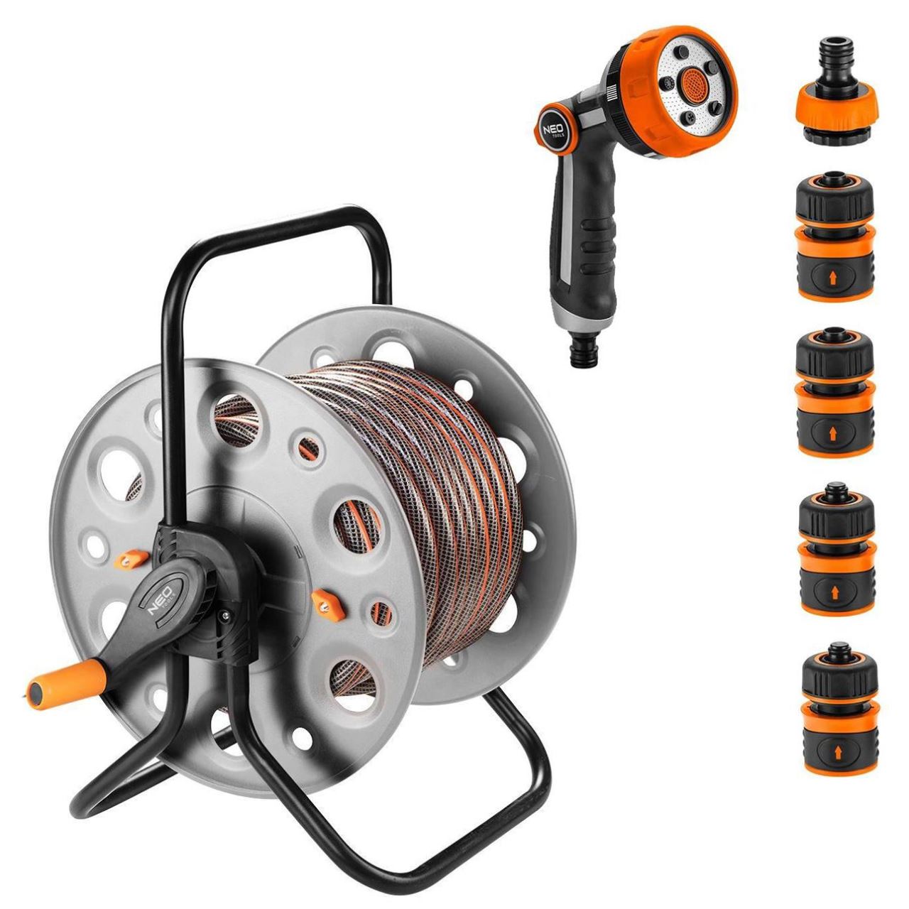 Tambur, rola, cu furtun gradina, antirasucire, pistol de stropit, accesorii, 1/2", 20 m, NEO
