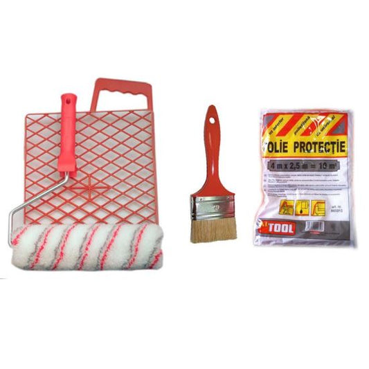 Set accesorii pentru zugravit - rola cu gratar, pensula, folie, Artool