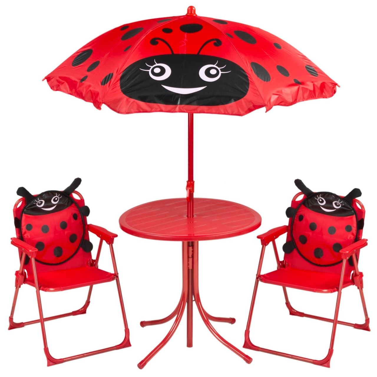 Set mobilier gradina/terasa pentru copii, pliabil, rosu, model buburuza, 1 masa cu umbrela, 2 scaune, Melisenda