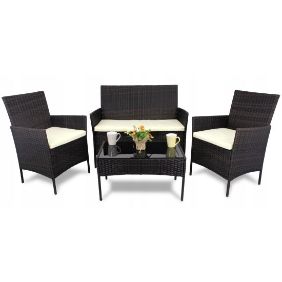 Set mobilier gradina/terasa, poliratan, maro cu perne crem, 1 masa, 2 fotolii, 1 canapea, Medi