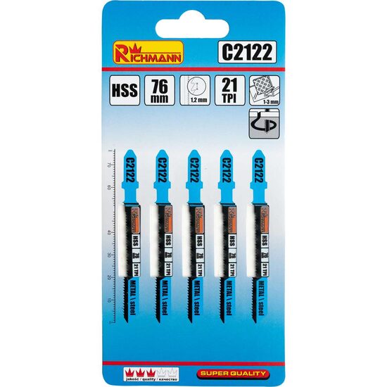 Panza, lama, fierastrau pendular, pentru metal, HSS, prindere tip T, taiere curbata, 21 TPI, set 5 buc, 76 mm, Richmann