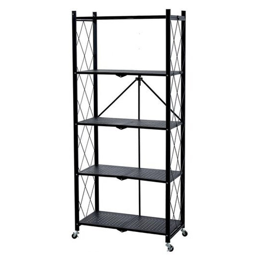 Raft depozitare, MagicHome, metalic, pliabil, pe roti, 5 polite, negru, max 250 kg, 72x34x163 cm