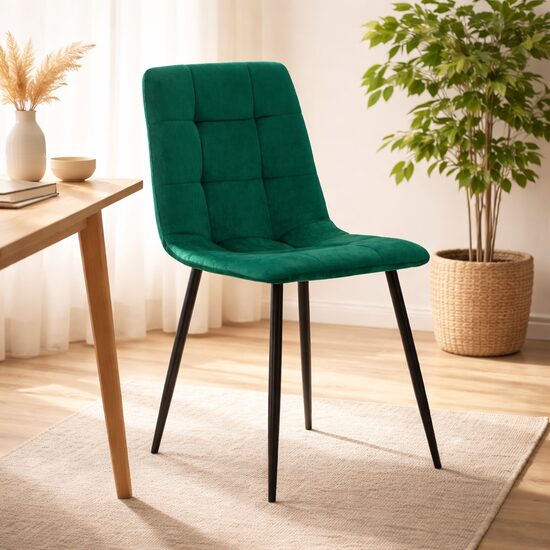 Scaun bucatarie/living, Artool, Kara, catifea verde, picioare metal negru, 44.5x50.5x87 cm