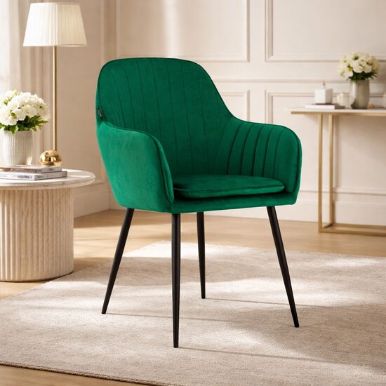 Scaun stil fotoliu bucatarie/living, Artool, Lugo, catifea verde, picioare metal negru, 57.5x56.5x86.5 cm