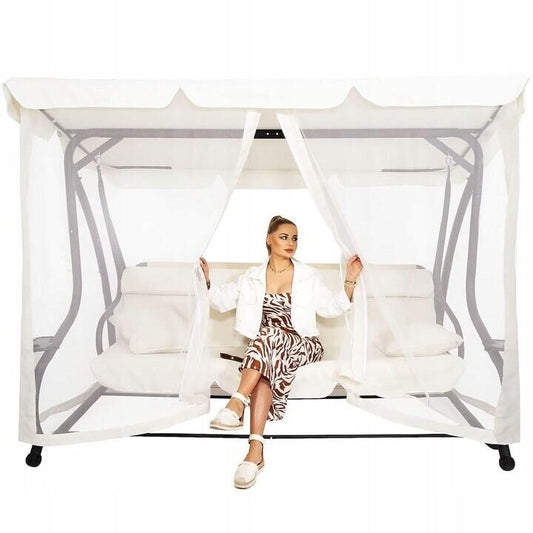 Balansoar gradina, Springos, 3 locuri, cu plasa insecte, crem, 220x120x160 cm, functie pat, max 280 kg