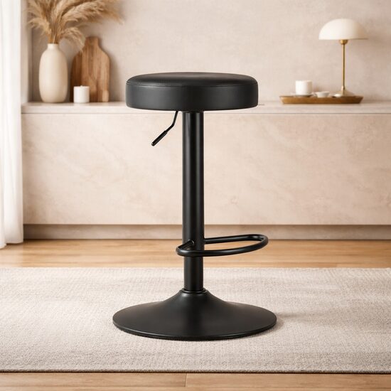 Scaun de bucatarie/bar, Artool, Rojst, rotativ, piele ecologica neagra, picior metal negru, 38x38x62-83 cm