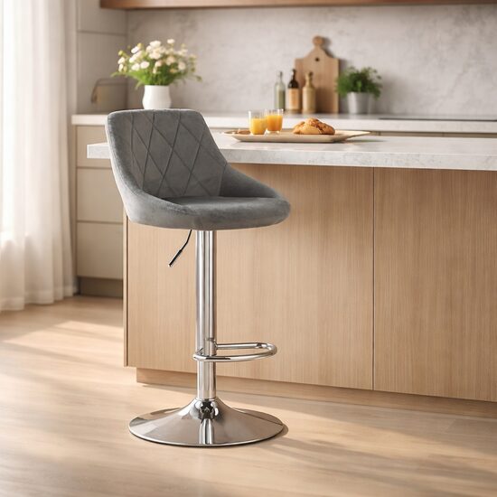 Scaun de bucatarie/bar, Artool, Kast, rotativ, catifea gri, picior metal argintiu, 45.5x49x85-105 cm