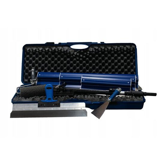 Set 3 gletiere profesionale, lama inox 0.4 mm, 40, 60, 80 cm, suport, maner telescopic 95-160 cm, rola gletuit, spacluri, geanta, Ergolite, Olejnik