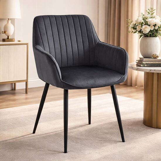 Scaun stil fotoliu bucatarie/living, Artool, Solden, catifea gri inchis, picioare metal negru, 55x45.5x83.5 cm