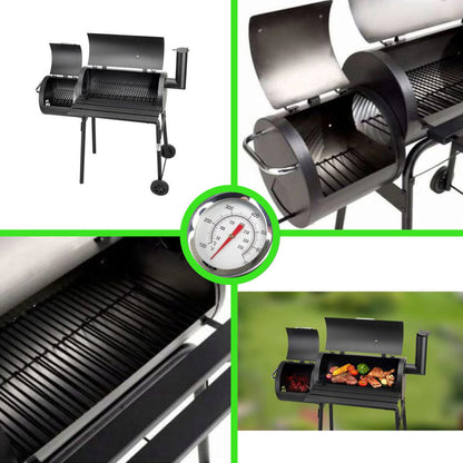Gratar gradina, grill dreptunghiular, cu roti, capac, afumatoare si horn, 112x63x117 cm