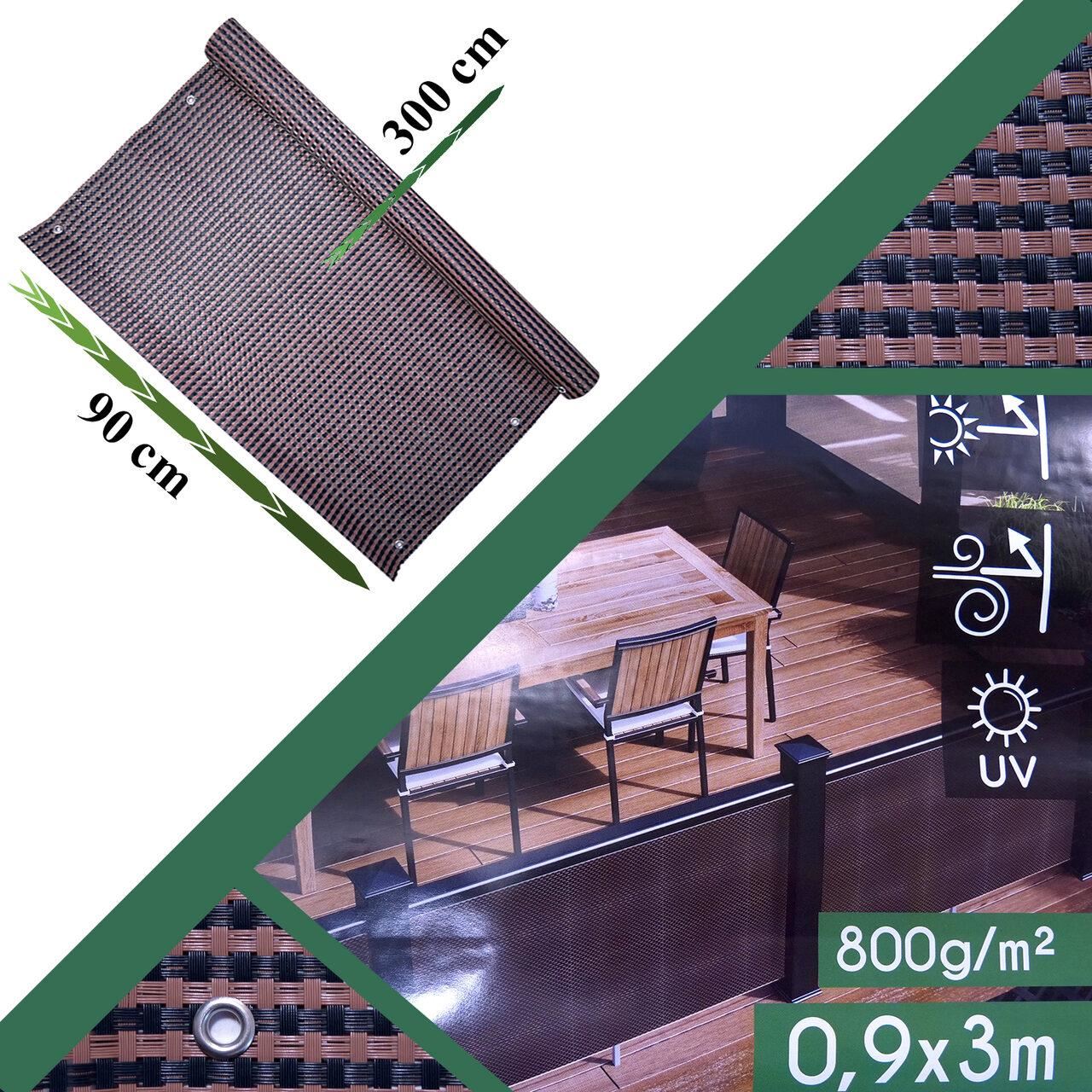 Paravan pentru balcon, terasa, gard, UV, 800 g/m2, maro, negru, 3x0.9 m
