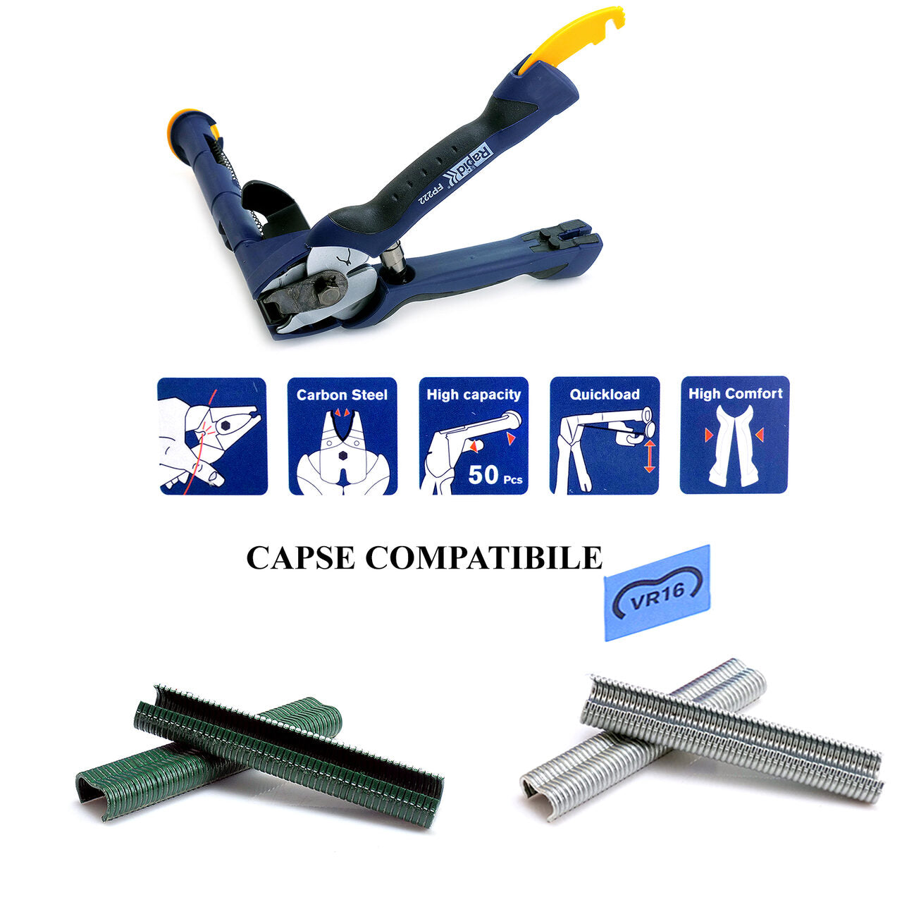 Cleste de legat gardul, cu capse, sarma si magazie, VR16, Rapid