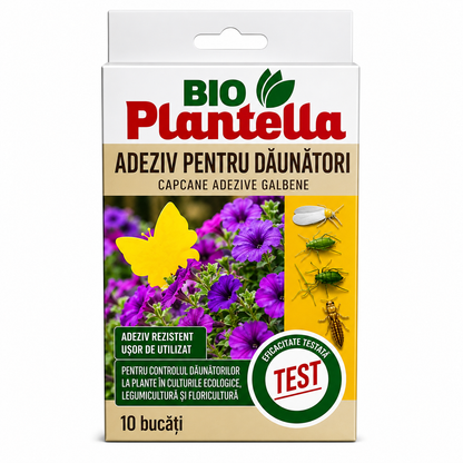 Capcane Lipicioase Galbene Bio Plantella – Set 10 Plăci – Musca Cireșelor, Afide, Acarieni, Purici, Musca Cepei