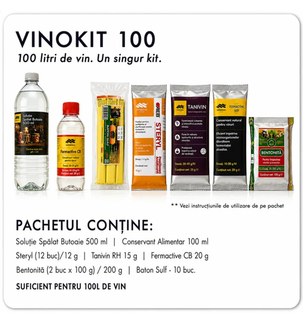 Vinokit 100 - Previne Casarea Vin Curat - Limpezire, Conservare, Fermentatie - Pachet Complet Tratamente pentru 100 Litri Vin