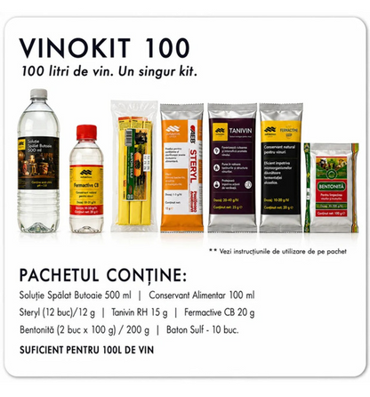 Vinokit 100 - Previne Casarea Vin Curat - Limpezire, Conservare, Fermentatie - Pachet Complet Tratamente pentru 100 Litri Vin