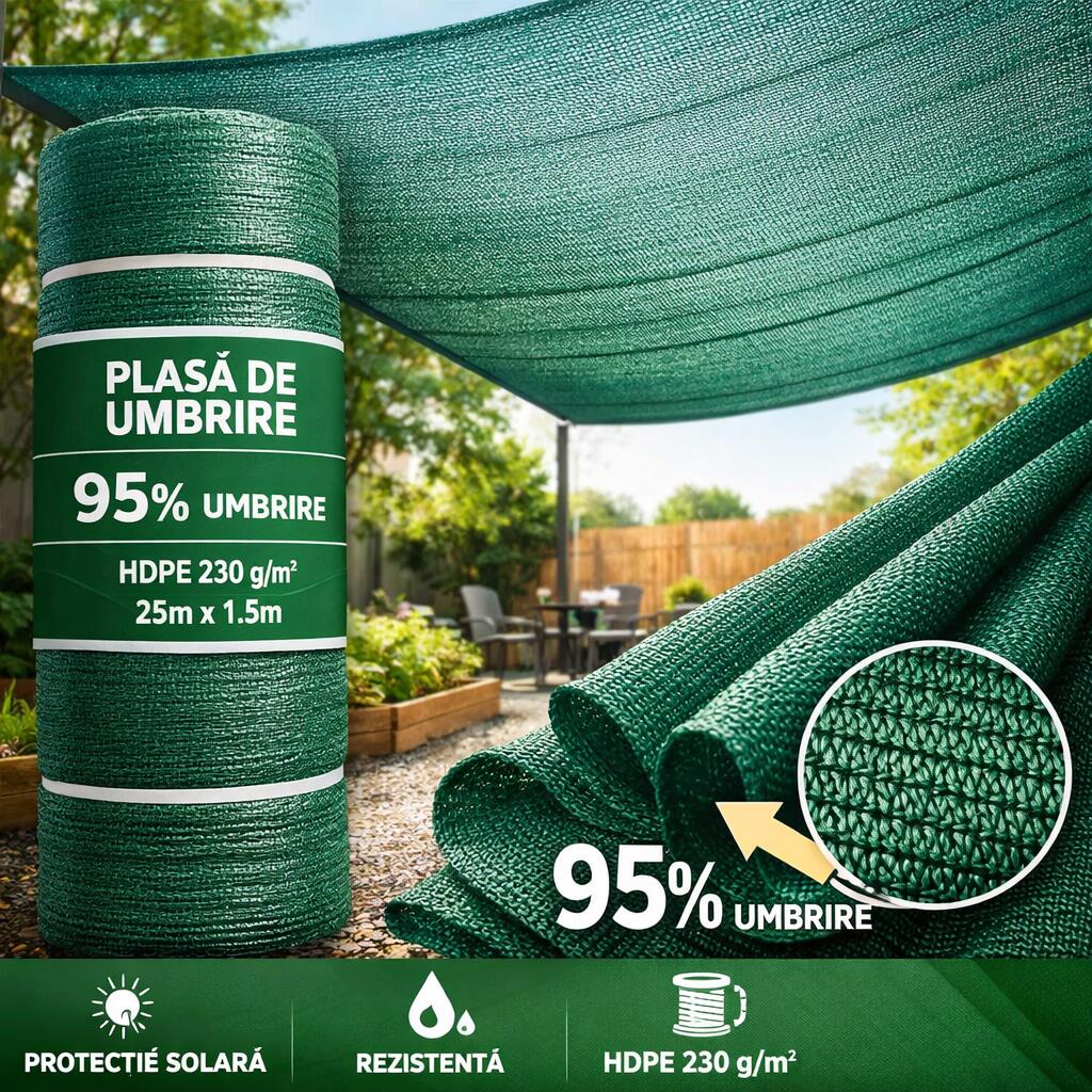 Plasa de umbrire, HDPE, 230 g/mp, grad de umbrire 95%, verde, 1.5x25 m