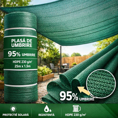 Plasa de umbrire, HDPE, 230 g/mp, grad de umbrire 95%, verde, 1.5x25 m