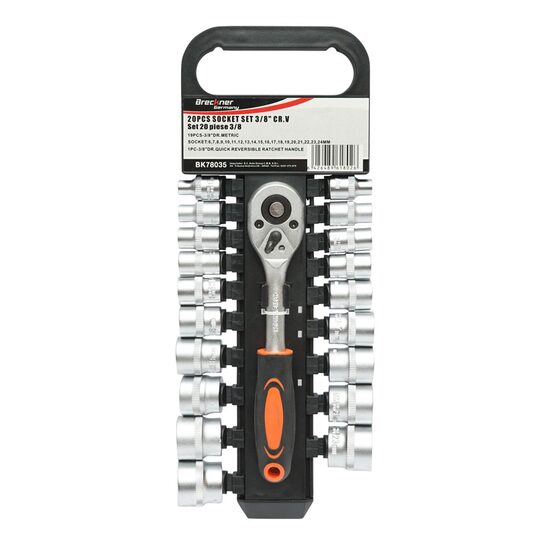 Trusa chei tubulare, 3/8", metrice Cr-V, cu clichet reversibil, 20 piese, Breckner Germany