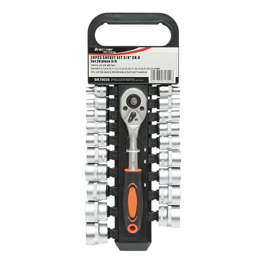 Trusa chei tubulare, 3/8", metrice Cr-V, cu clichet reversibil, 20 piese, Breckner Germany