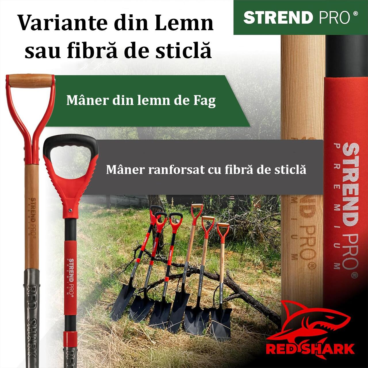 Harlet, cazma, ascutit, cu margini zimtate, coada fibra de sticla, 22x30x115 cm, Strend Pro Premium RedShark